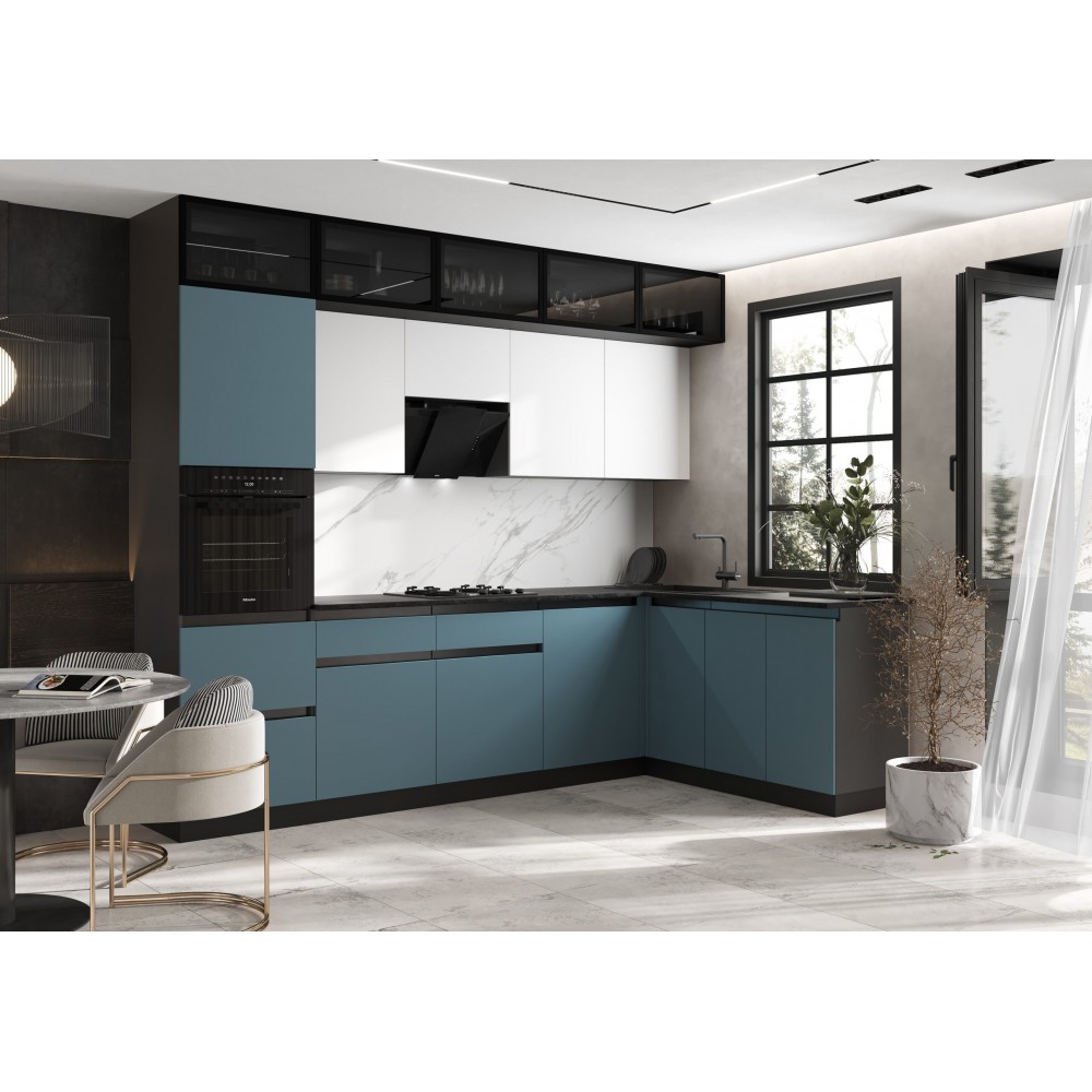 Кухня Техно-6 3,0х1,8м (Браш Блю/Браш Вайт, Белый)