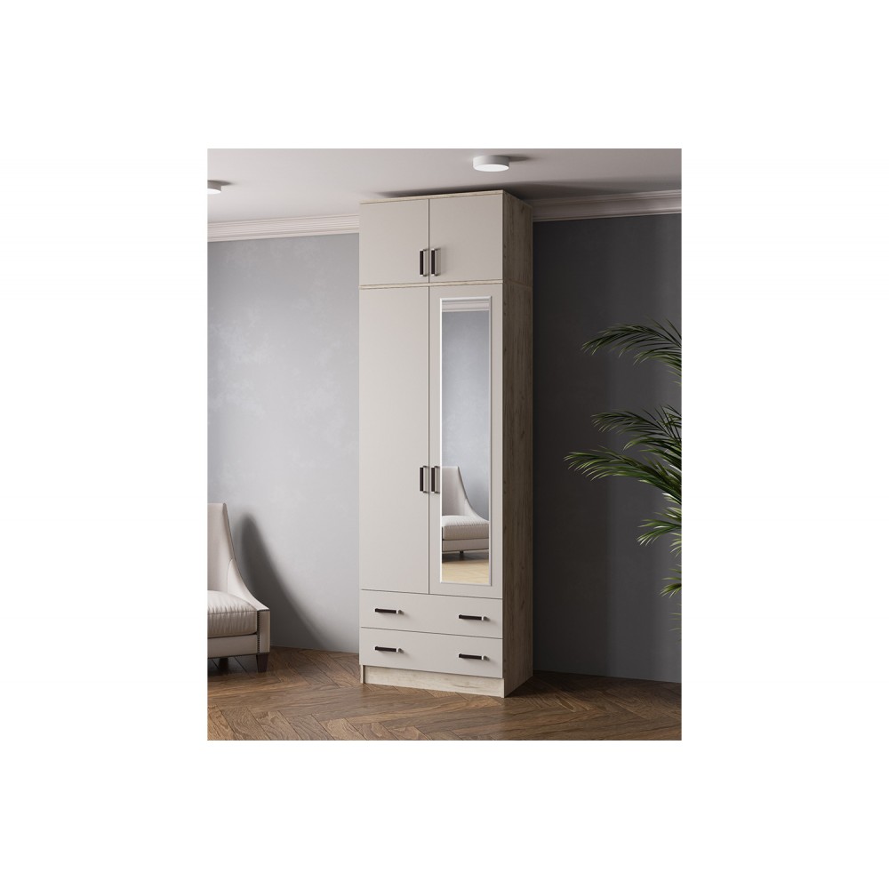 Шкаф с зеркалом и антресолью Лагуна 80 см, Дуб Делано, Белый