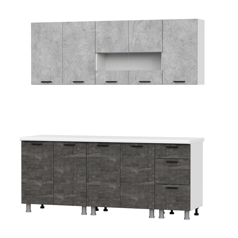 Готовая кухня Модус (без столешницы), Белый, Цемент светлый, Камень темный