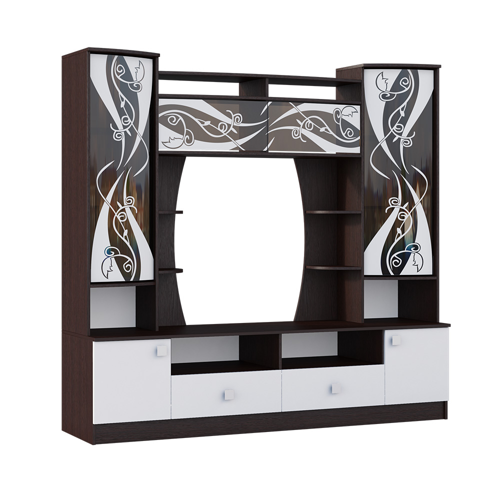 Стенка в гостиную Женева, Белый глянец холодный, Венге