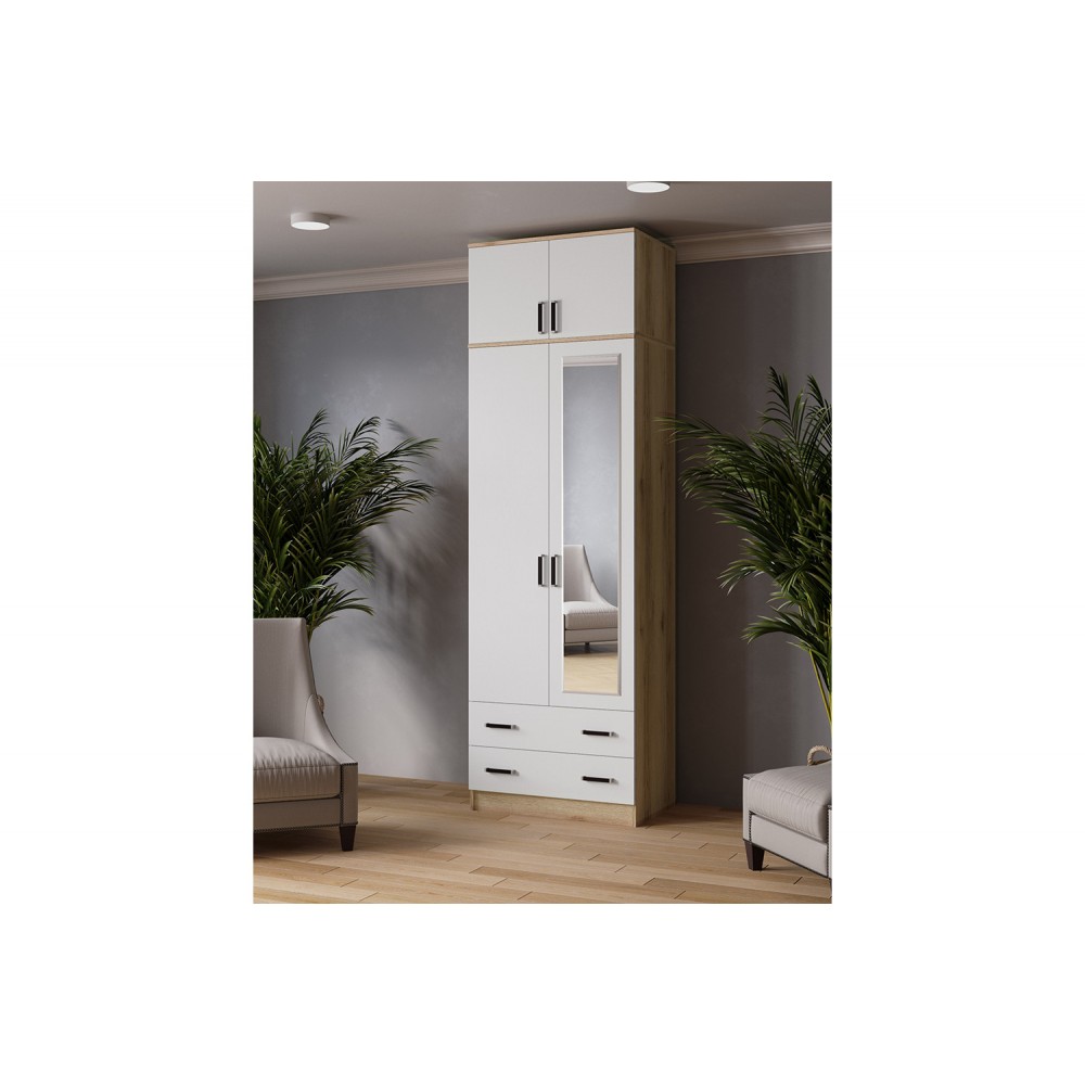 Шкаф с зеркалом и антресолью Лагуна 80 см, Дуб Делано, Белый