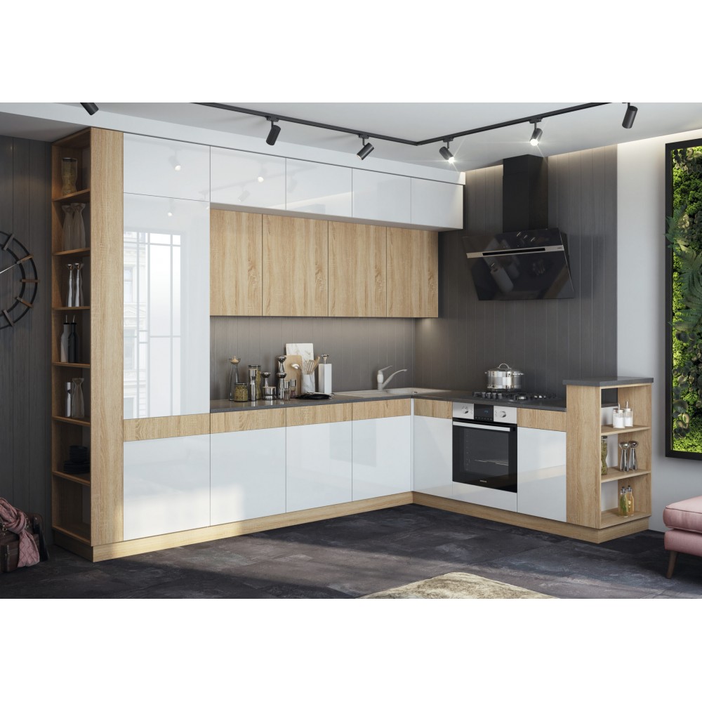 Кухня Техно-5 3,2*2,24м (Сонома/Белый глянец холодный, Сонома (Кастилло темный)