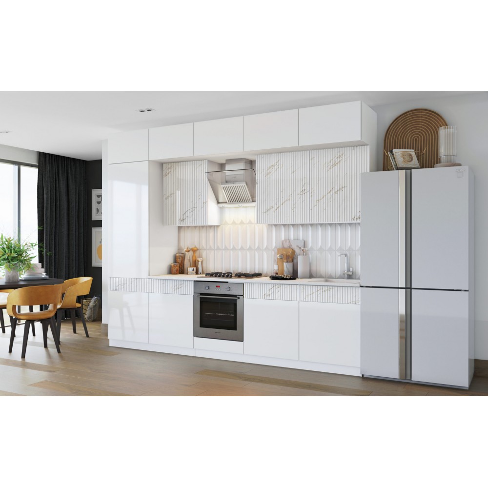 Кухня Оливия NEW 3,0х1,8м, Белый глянец холодный / Мрамор золото, Белый