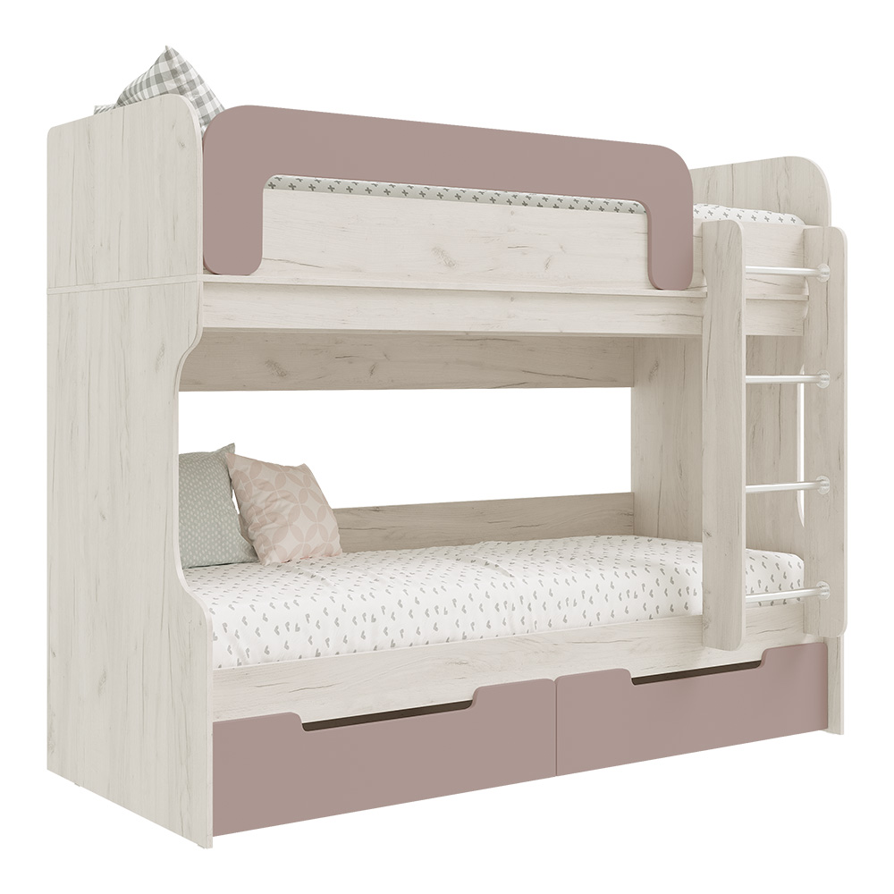 Кровать двухъярусная Юниор-4, Шарли Pink, Дуб Крафт Белый