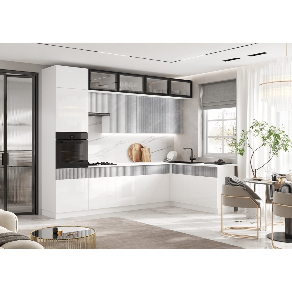 Кухня Оливия NEW 3,0х1,8м, Белый глянец холодный / Мрамор глянец, Белый